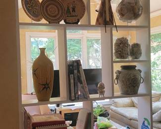 Home accents, home decor, vases, display plates, glass display containers, cooking books, figurines, etc