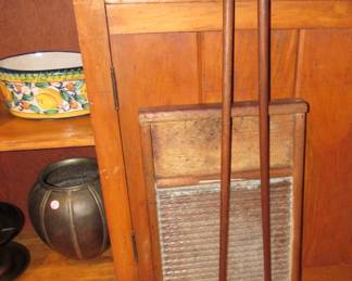 Antique wooden golf clubs & glass washboard
