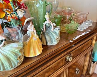 Collectible lady head vases and planters, depression glass and uranium glass.