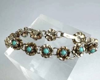 925 Silver Mexico 14 Turquoise Flower Link Bracelet