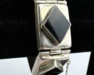 925 Silver Vtg Diamond Shape Black Onyx Bracelet