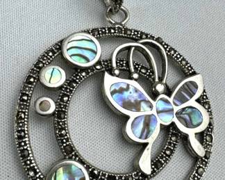 925 Silver Round Abalone & Marcasite Butterfly Pen