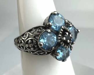925 Silver Swiss Blue Topaz w/ Blue Spinel Dome Ri
