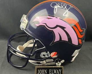 John Elway Signed Broncos Helmet, Pink Version