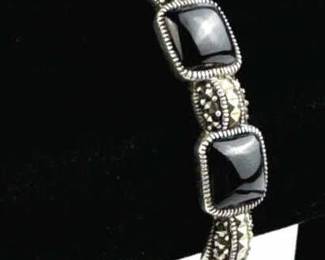 925 Silver Black Onyx & Marcasite Hinged Bangle
