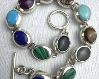 925 Silver Taxco Multi-Stone Cabochon Toggle Bracelet