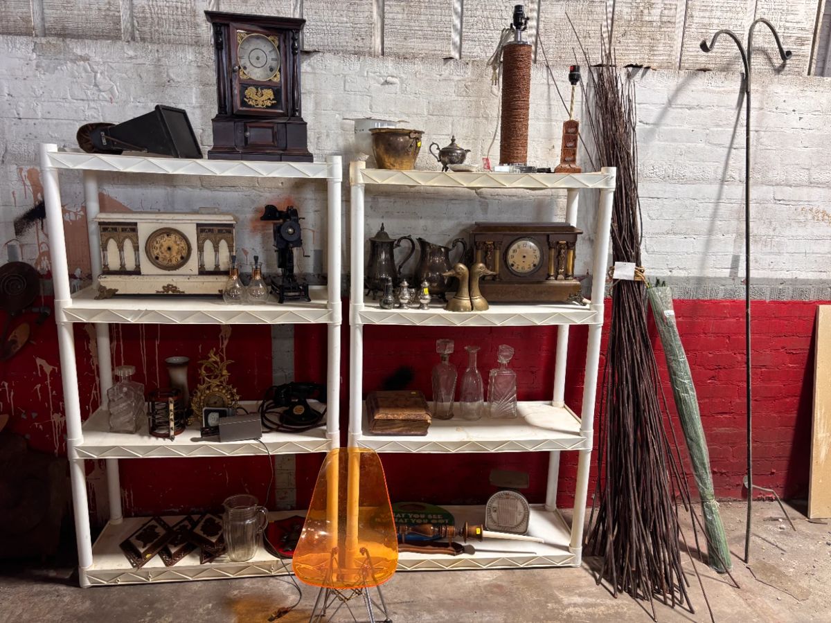 Antique xray viewer, antique clocks antique clock shells, french video projector, antique glass decanters, silver pitchers and salt and pepper shakers, and much more!