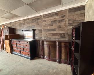 Ikea bookcase with drawers, entryway hutch, bedroom dresser with mirror, Oak dresser, antique wardrobe 