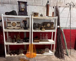 Antique xray viewer, antique clocks antique clock shells, french video projector, antique glass decanters, silver pitchers and salt and pepper shakers, and much more!