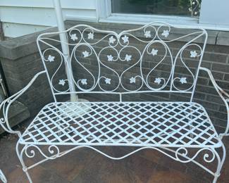 Vintage White Painted Wrought Iron Bench