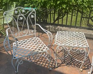 Vintage White Painted Wrought Iron Chair & Side Table