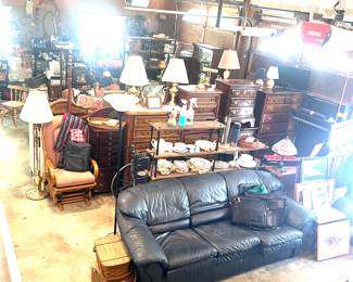 Leather couch, 1950s bookcase stands, bedroom sets