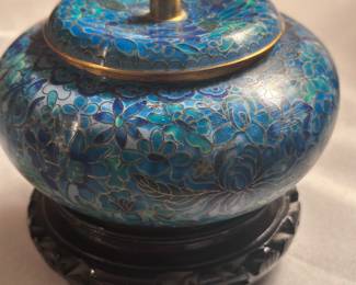 Vintage lidded Cloisonné jar on wooden riser
