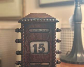 Antique English Desk Calendar, made with quarter sawn oak & Linen