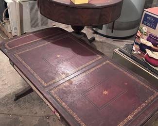 Assortment of antique coffee tables + drum tables with old leather tops