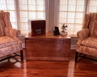 GEORGIAN WING BACK CHAIRS AND PINE BLANKET CHEST