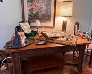 RATTAN AND WOOD LIBRARY TABLE