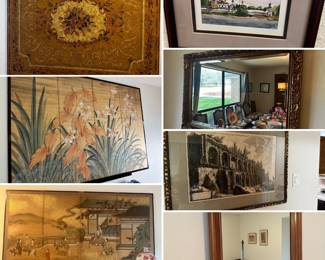Japanese Byobu four panel silk circa 17th century, Four panel floral black lacker framed silk . Trevi Fountain. Henredon mirroe. "Remains of the Villa of Maecenas at Tivoli" by Giovanni Battista Piranesi.