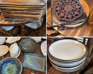 Wooden Charger/Plates, Indonesian wood carved trivet, various ceramics, Earthenware plates