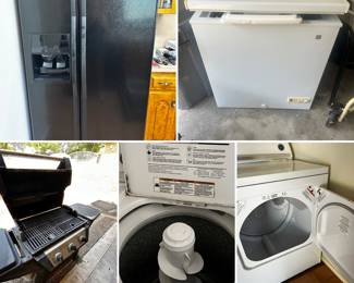 Side by side with ice maker and water dispense. GE Chest freezer. Gas grill with side burner. Washer and dryer