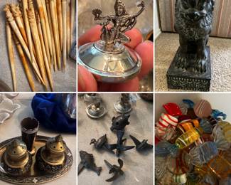 Odds and ends. Carved Hors d'oeuvre picks. Thai silver place card holders, new. Foo Dog statue, Thai toothpick, salt and pepper holder on tray, Reed & Barton birthday candle holder, Murano Glass candy pieces