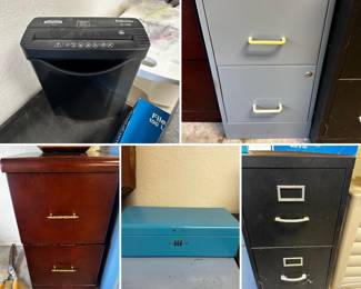 Shredder, three 2 drawer file cabinets., Vintage New York Life Insurance Metal Combination Insurance Policy Lock Box