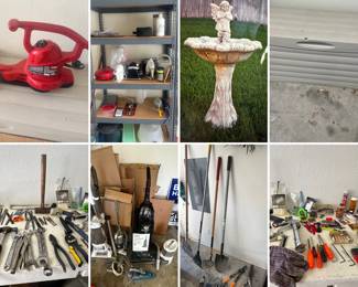 What's in the garage and outside? Toro blower, 2 sets of metal maxi shelving, concrete pedestal bird bath with angel, sun cast storage box, hand tools, upright vacuums, yard tools
