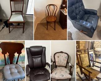 Chairs. Mini child victorian rocking chair from Thomas Stalworth Henderson of Cameron. Lazyboy, desk chair, j and j kohn bentwood cain bottom chair
