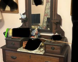 Sorry for the crappy picture. I took a new picture of this dresser and I even saw it but when I went to post it it’s gone! Not in any file! So I had to black out stuff that’s not for sale in an old picture to at least get a picture of the dresser.