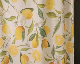 Decorative lemon shower curtain and hooks (clean). Shower liner always used.