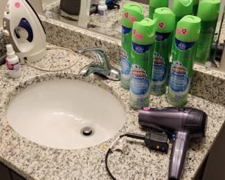 Hairdryer, curling iron, flat iron, Soft Scrub cleaners (never used).
