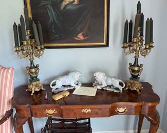 Alabaster lions, candelabra, etc