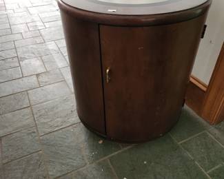 Vintage round end tables with mirrored top and storage