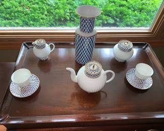Russian cobalt Lomonosov porcelain tea set and vases