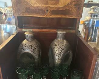 Late 19th Century Marquetry Tantalus Cabinet with Decanters and Glasses