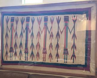 Navajo Blanket, beautifully framed. Signifying feminine and fertility (+ or - 8' x 5')