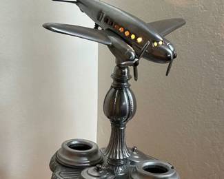 Antique Art Deco Airplane Smoking Ashtray Art Lamp Stand - lighted plane and base