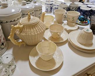 Belleek Teapot, Cups and Saucers