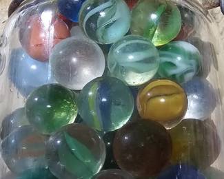 Jar of old Cateye Marbles , multi color