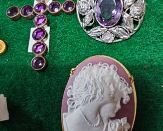Sterling Silver Amethyst Brooch, Cameo and Amethyst Cross