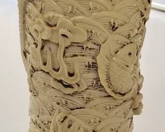 Chinese Wang Bingrong Carved Dragon and Fish Bottle