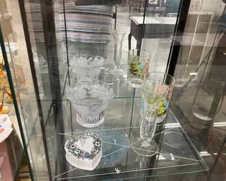Mikasa Nova Winter Rose Etched Bowl - Heart Shaped Trinket Box - McDonald's Shrek Glass - Avon Hummingbird Bud Vase