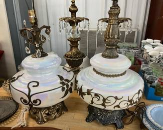 Vintage Pearl Milk Glass & Brass Table Lamps