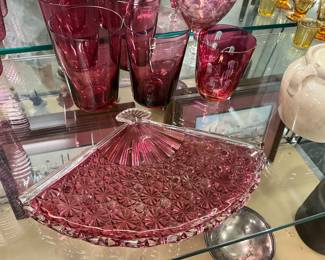 Pressed Glass Daisy & Button Fan Shaped Platter