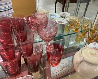 Cranberry Glass Tumblers & Goblet & Etched Juice Glass