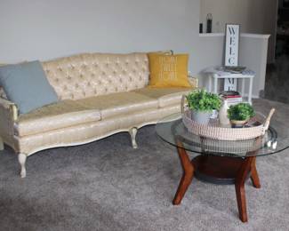 French Country Sofa, Pillows, Coffee Table, Florals, Signs