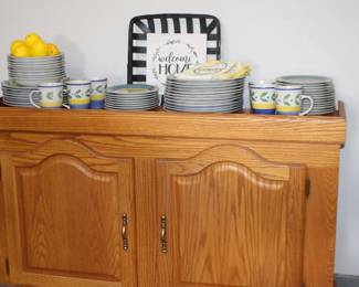 Stoneware Dishes, Kitchen Cloths, Basket with Sign