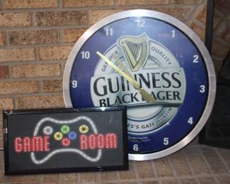 Light Up Game Room Sign, Guiness Clock