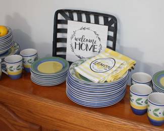 Stoneware Dinner Ware, DishCloths, Basket with Sign