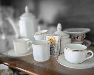 Religious Icon and Tea Pot and Cups Saucers